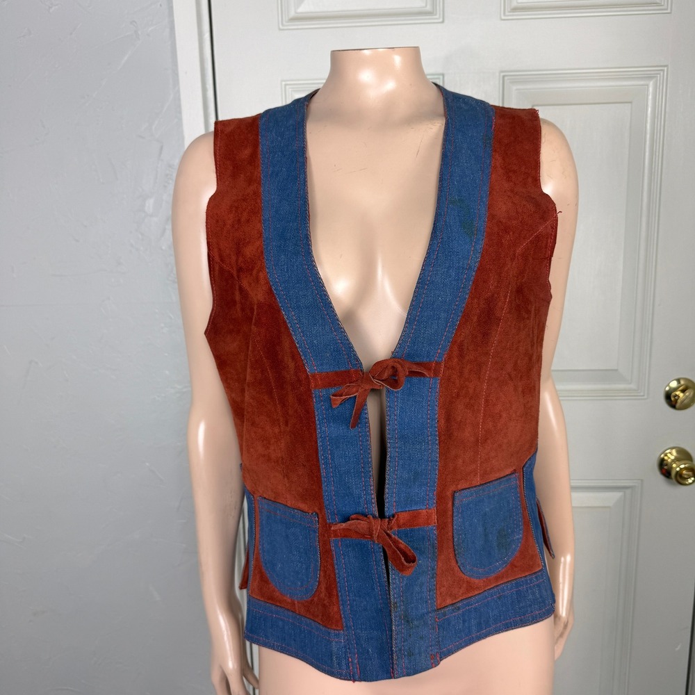 Vintage 70s Genuine Leather Vest Women's Suede Denim Tie Hippy Tank Top U25